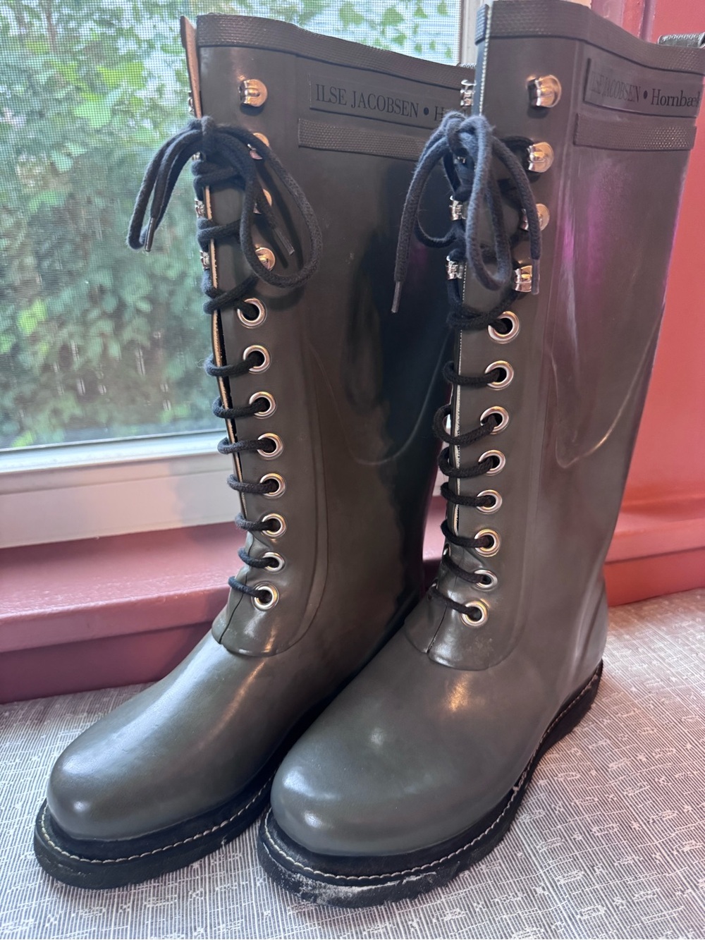 Ilse Jacobsen Rub 1 Tall Lace Up Rain Boots Gray Green EU 37 US 6.5-7